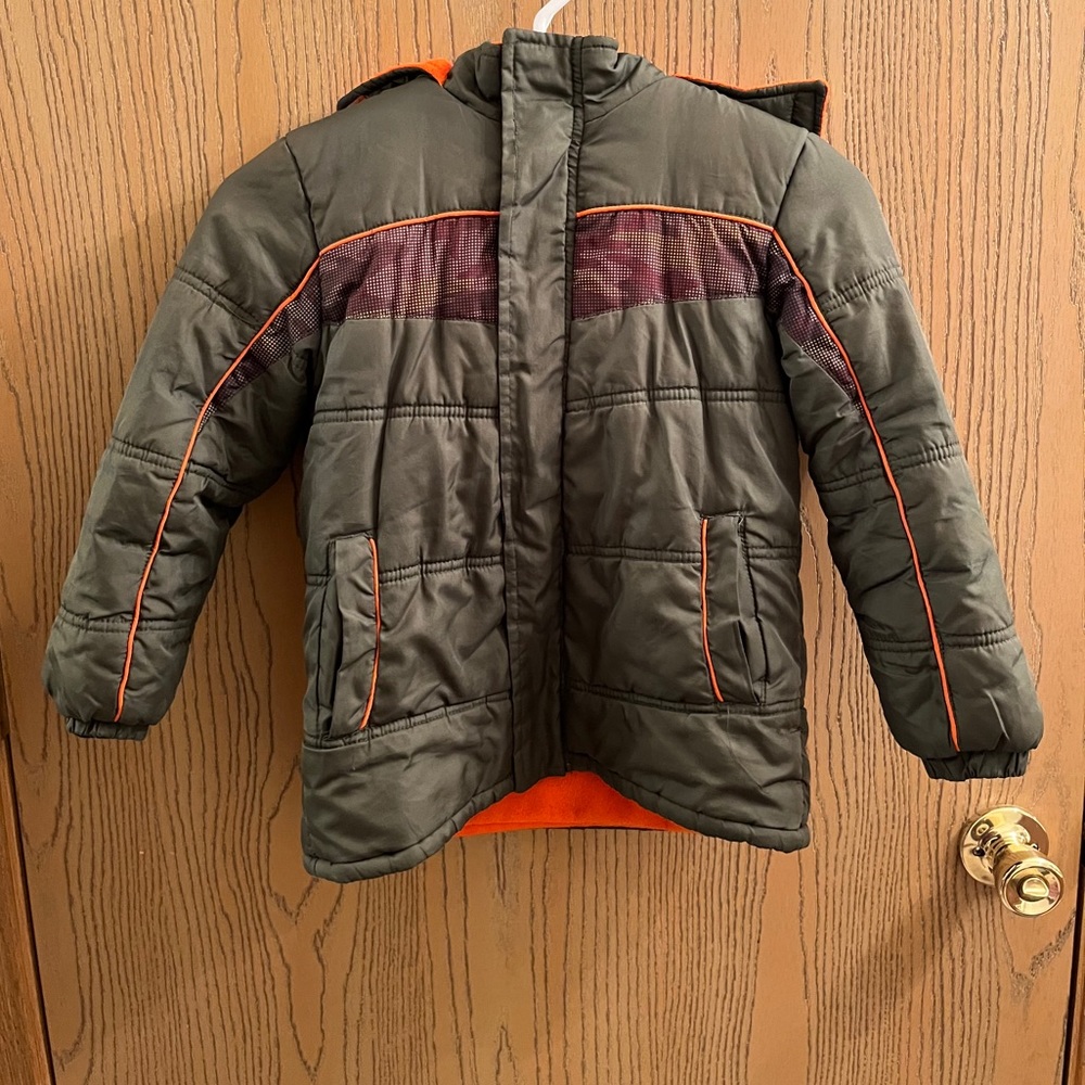 Kids Olive Green Puffer Jacket with  Matching Bibs Orange Trim